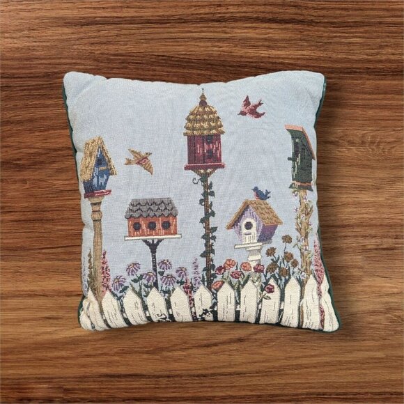 Riverdale Decorative Tapestry Pillow With Birdhouse Design 15" blue green - Picture 1 of 8